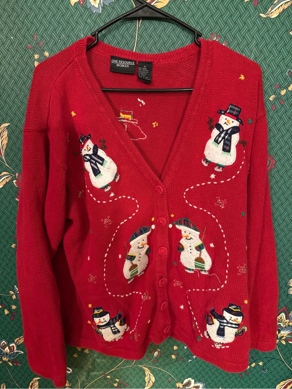 Red Snowman Button-Up Holiday Sweater